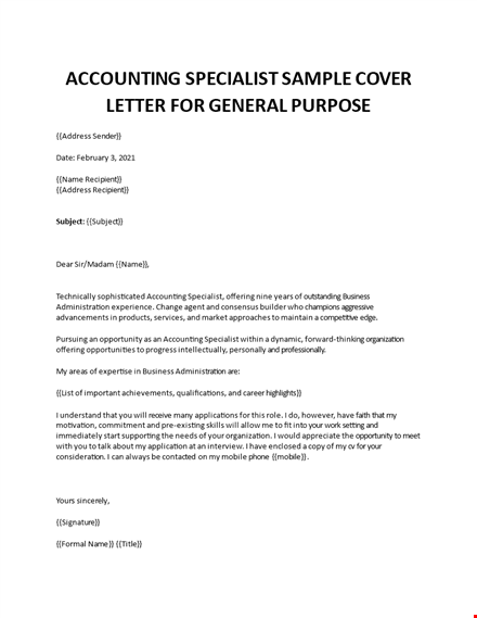 accounting specialist sample cover letter template