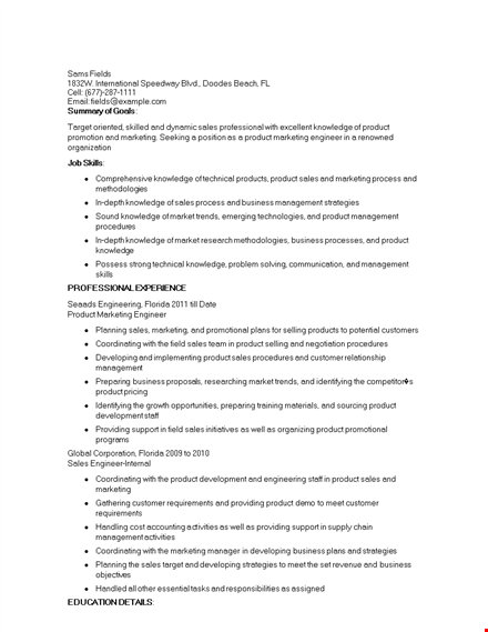 product marketing engineer resume template