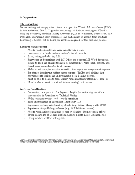 junior copywriter job description template