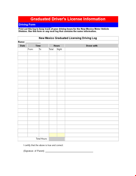 driving information and hours for graduated drivers - daily log template