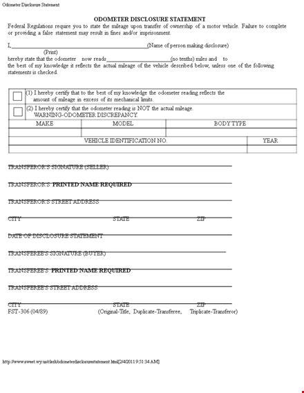 complete your state's requirements with our odometer disclosure statement template