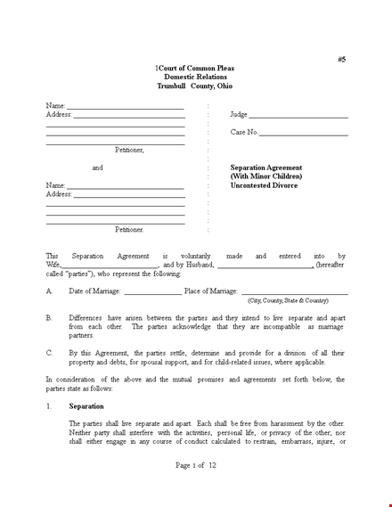 separation agreement template | free form for insurance, support, child & more template