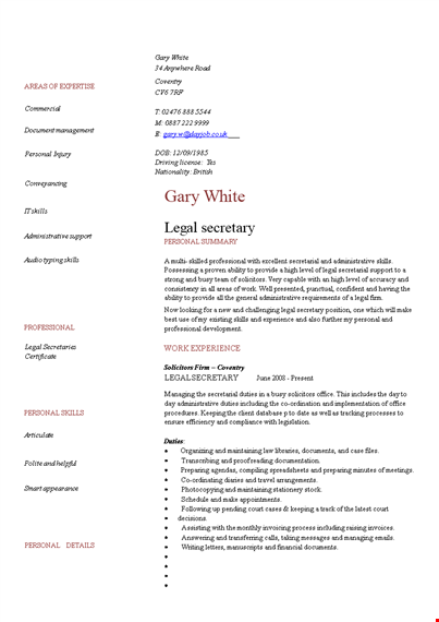 legal secretary resume template