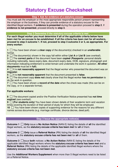 statutory excuse checksheet template template