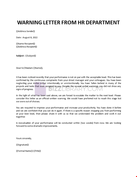 warning letter to employee for poor performance template