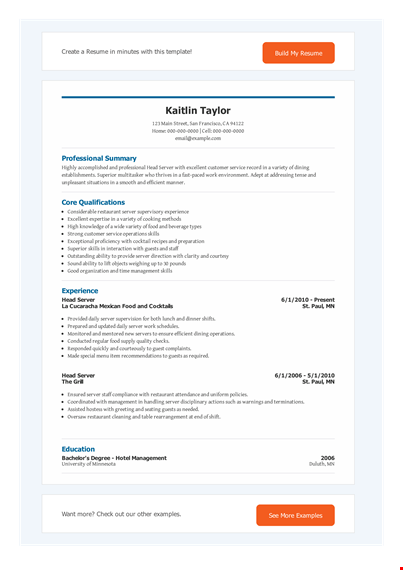 head server resume - experienced server with a variety of restaurant skills template