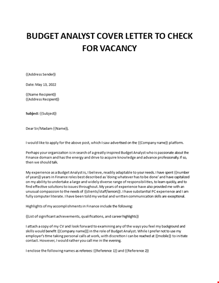 budget analyst application letter template