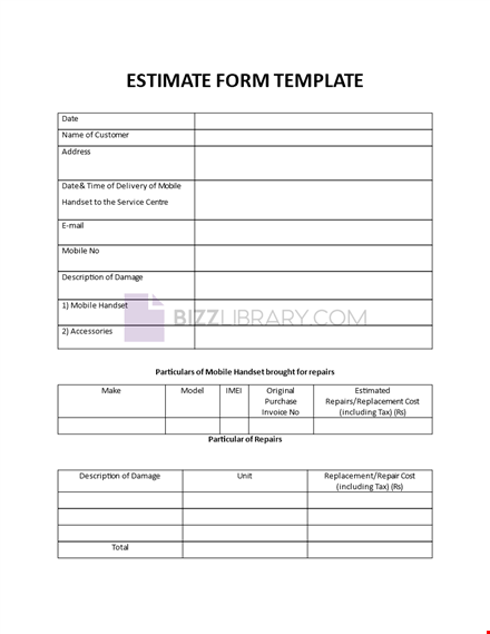 estimate form template template