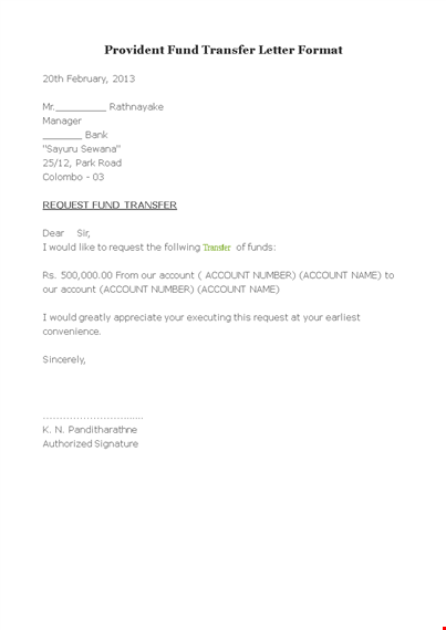 provident fund transfer letter format template