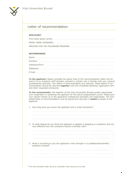 university letter of recommendation template