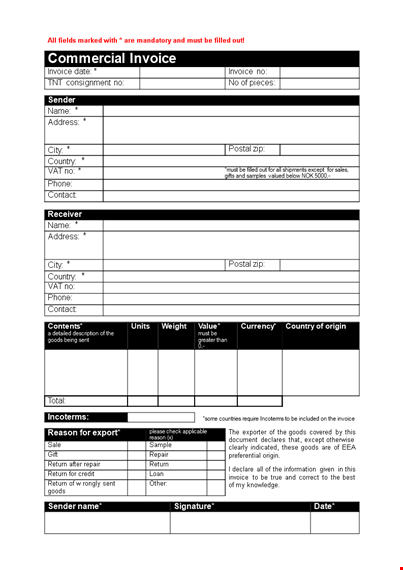 commercial invoice template word template
