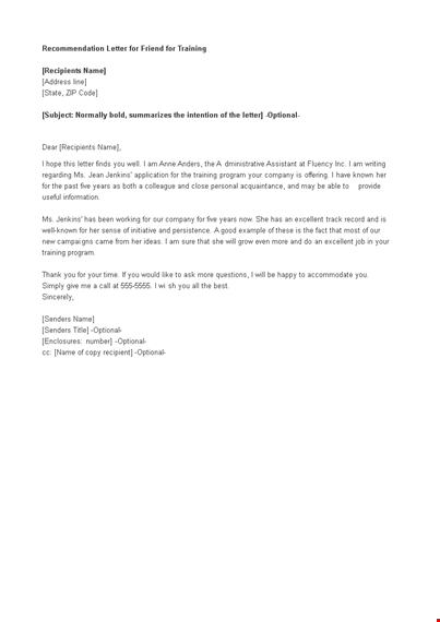 recommendation letter for friend for training template