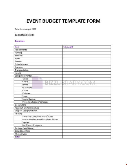 event budget template form template