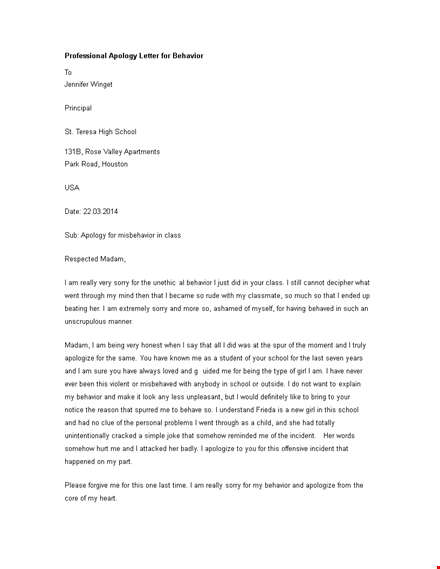 professional apology letter for behavior template