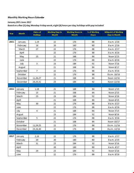 monthly working hours calendar template template