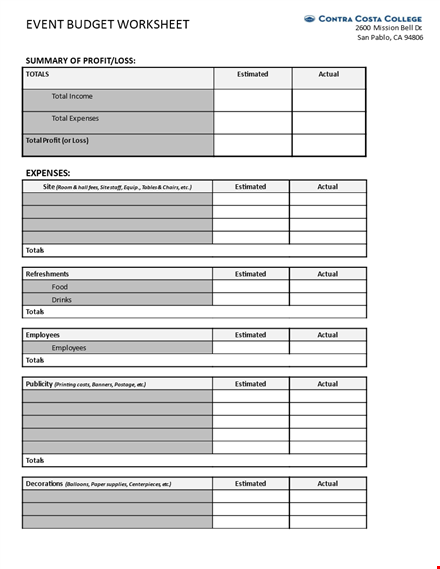 event budget worksheet example template