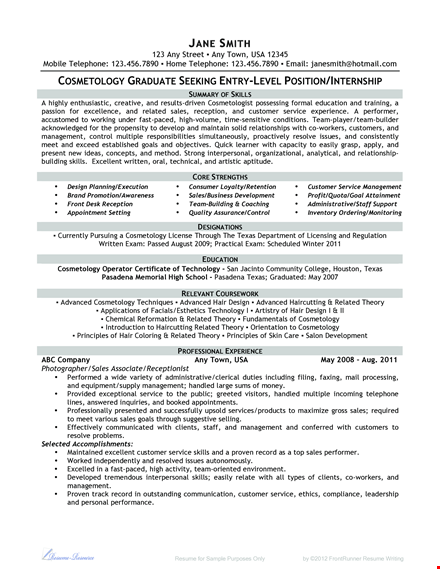 entry level cosmetology resume | sales, management, service skills template