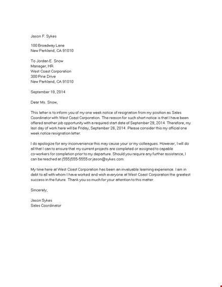 standard notice resignation letter template