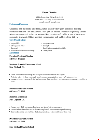 preschool assistant teacher resume template