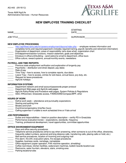new employee training checklist template template