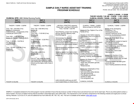 daily nurse assistant training program - schedule, modules, hours, and resident template