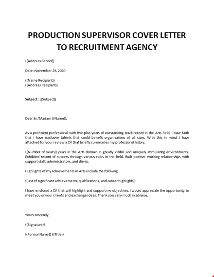 production supervisor cover letter to recruitment agency template