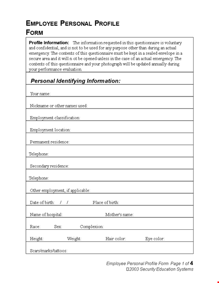 emergency notification form for employee personal data: address, phone, relationship information template