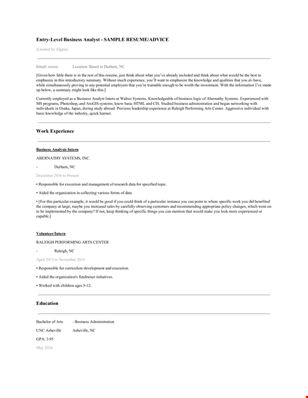 entry level business analyst resume template