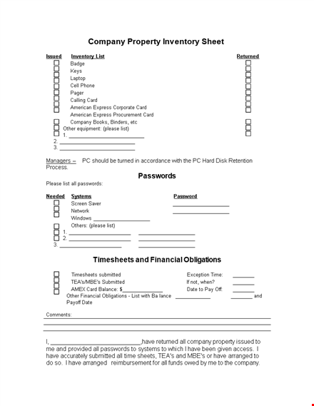 company property inventory list template template