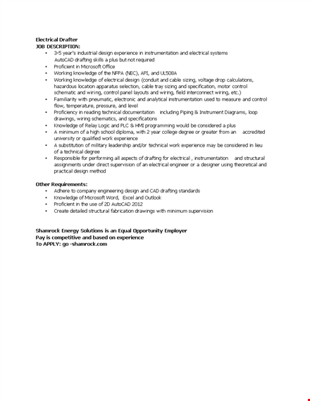 electrical drafter job description - experience in electrical design and wiring knowledge template