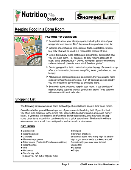 dorm room food shopping list template