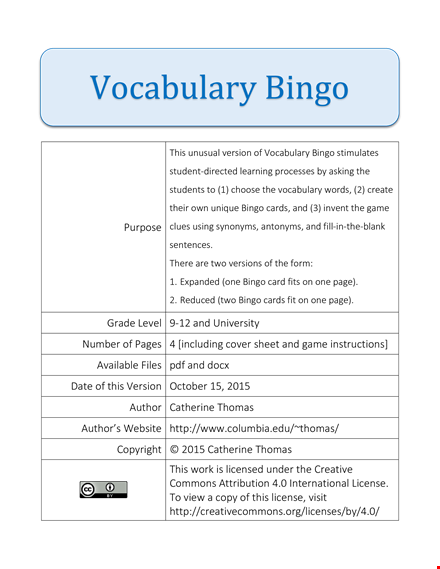 vocabulary bingo card template template