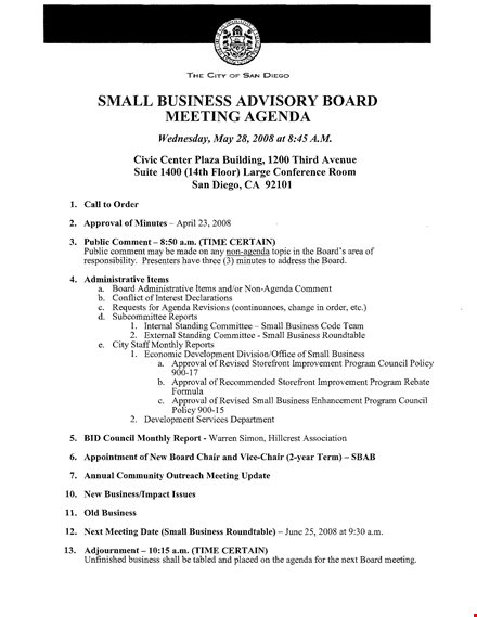 small business board meeting agenda template template
