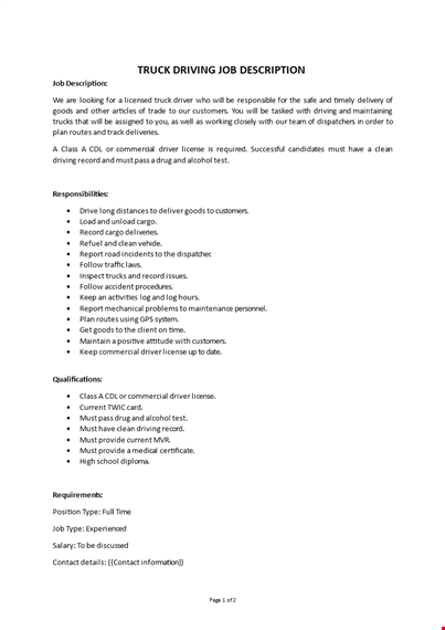 truck driving job description  template