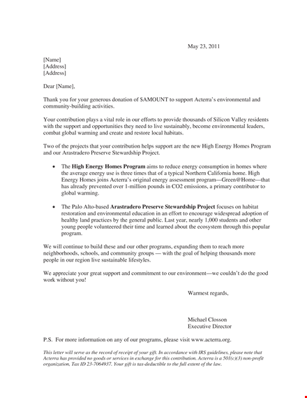 environmental donor acknowledgement letter template
