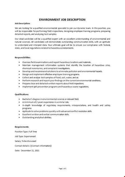 environmental specialist job description template