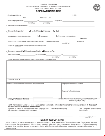 example of tennessee separation notice template