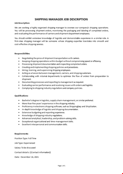  shipping manager job description template