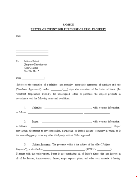 simple letter of intent for property purchase template