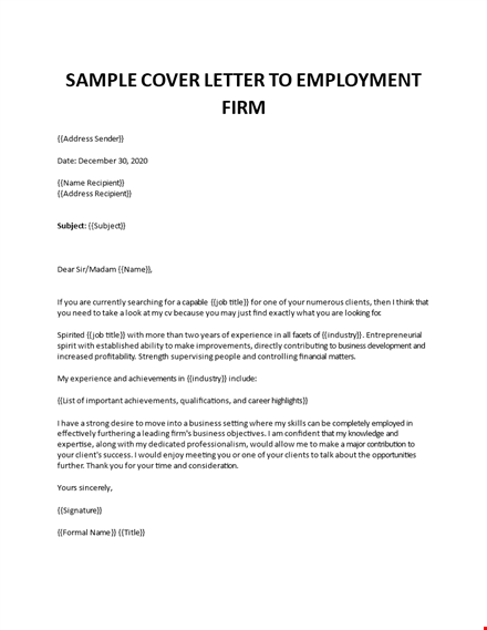 sample cover letter to employment firm template
