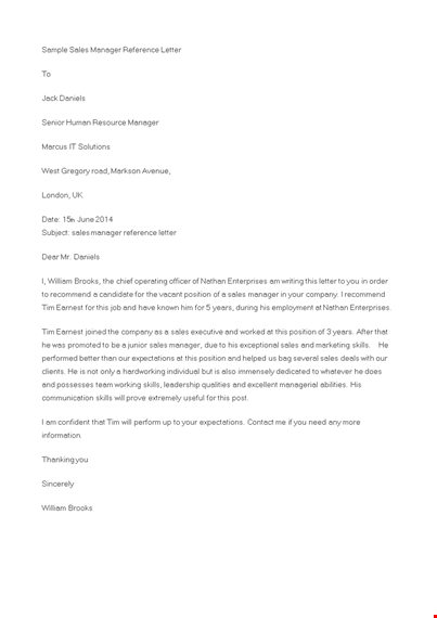 sample sales manager reference letter template
