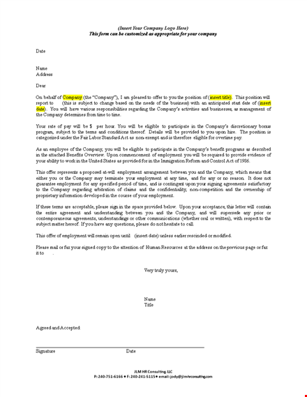 company offer letter sample template