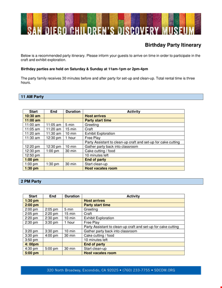 party itinerary sample template