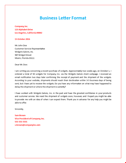 formal business letter for widgets galore shipment template