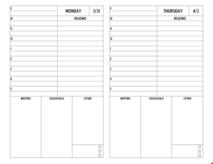 daily planner for grad students: writing, monday reading, and more template