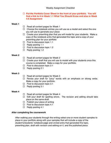 weekly assignment checklist template template