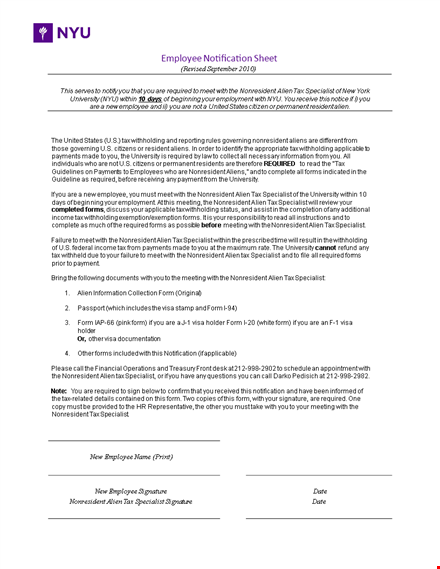 sample employee sheet for specialists: required for alien & nonresident individuals template