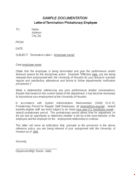 termination letter for probationary employee in pdf | employee termination template