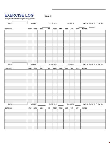 printable exercise log - track your weight and exercise progress template