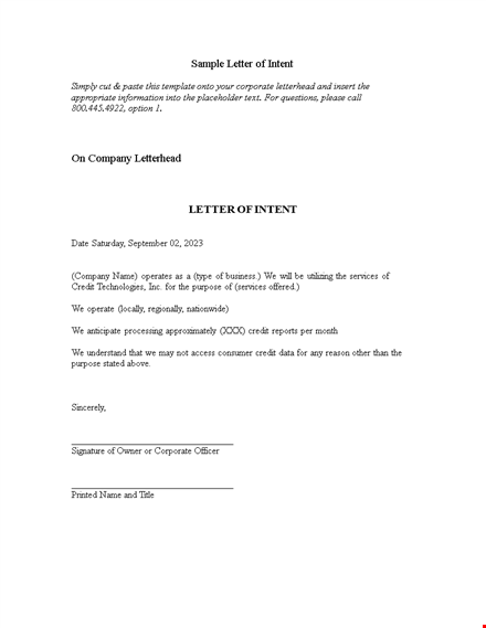 sample professional letter of intent template
